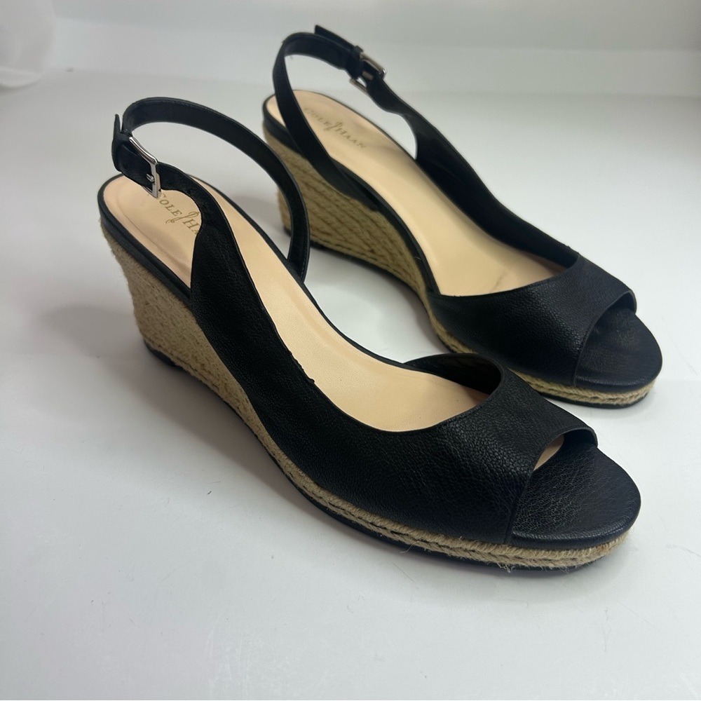 Cole Haan + Nike Air Black Pebbled Leather Slingback Espadrille Wedges Size 10B